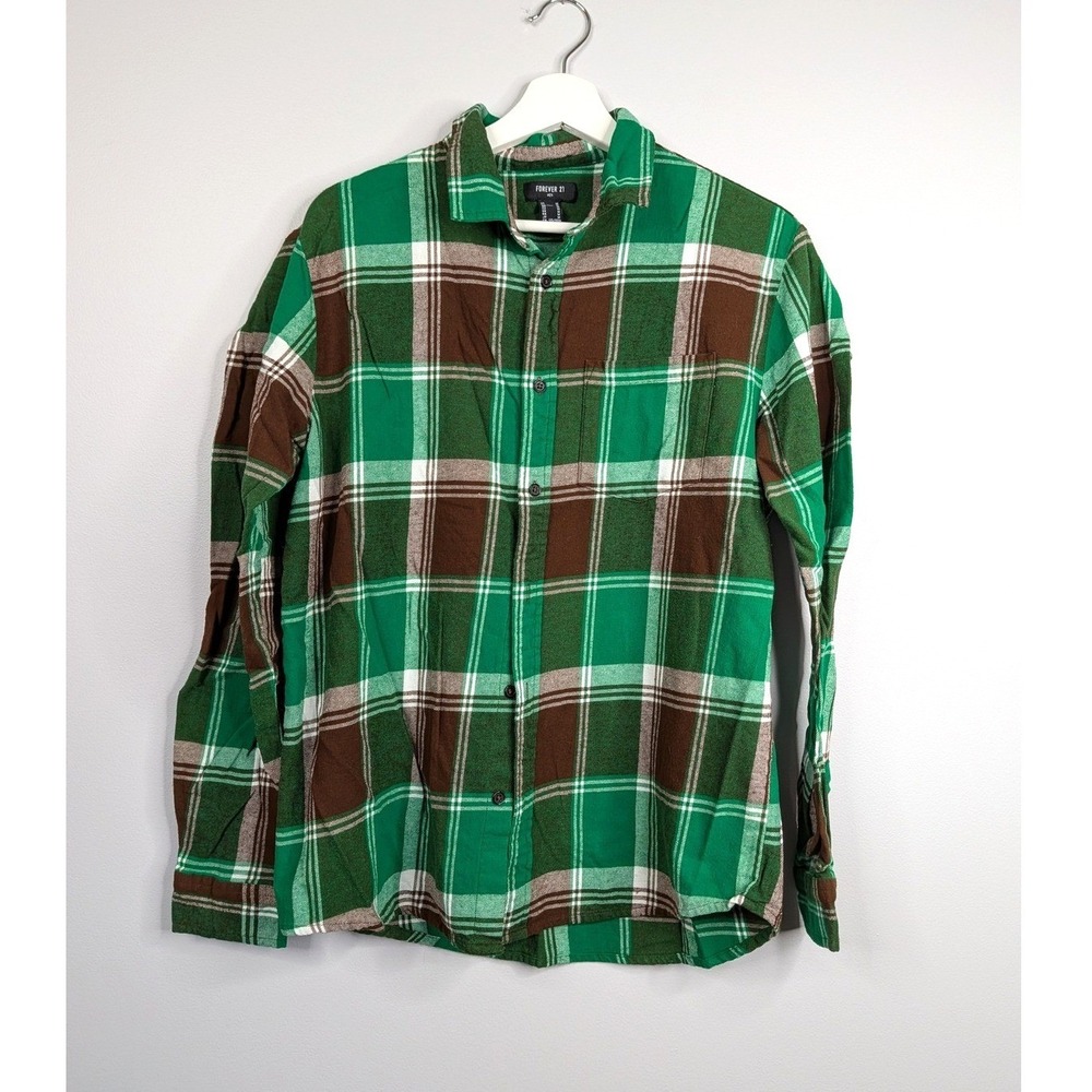 Forever 21 Plaid Flannel Shirt Women's Medium Green Brown Excellent Long Sleeve